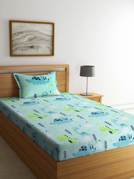 Arrabi Green Cartoon TC Cotton Blend Single Size Bedsheet with 1 Pillow Cover (215 x 150 cm)