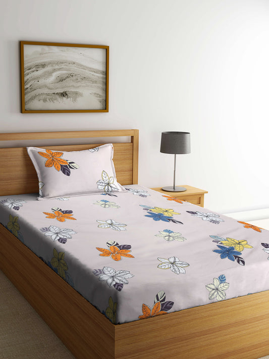 Arrabi Beige Floral TC Cotton Blend Single Size Bedsheet with 1 Pillow Cover (215 x 150 cm)