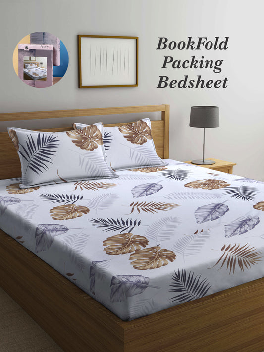 Arrabi White Leaf TC Cotton Blend King Size Bookfold Bedsheet with 2 Pillow Covers (250 X 215 cm)