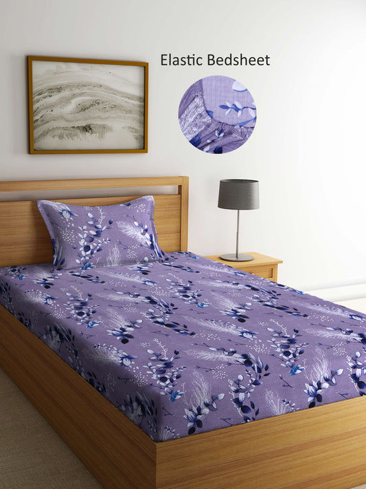 Arrabi Grey Floral TC Cotton Blend Single Size Fitted Bedsheet with 1 Pillow Cover (215 X 150 cm)