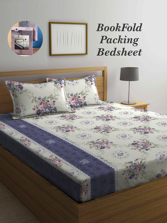 Arrabi Multi Floral TC Cotton Blend King Size Bookfold Bedsheet with 2 Pillow Covers (250 X 220 cm)