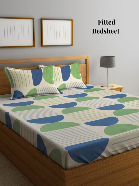 Arrabi Multi Geometric TC Cotton Blend King Size Fitted Bedsheet with 2 Pillow Covers (250 X 215 Cm)