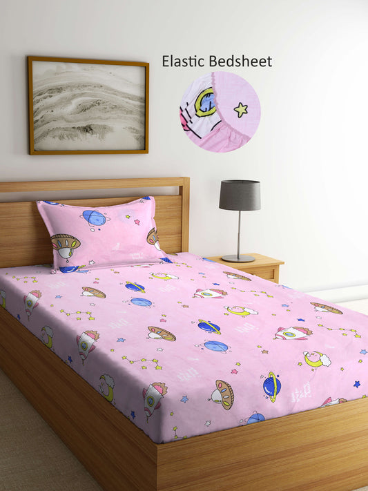 Arrabi Pink Cartoon TC Cotton Blend Single Size Fitted Bedsheet with 1 Pillow Cover (215 X 150 cm)