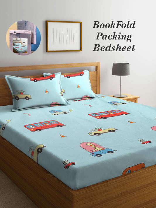 Arrabi Blue Cartoon TC Cotton Blend King Size Bookfold Bedsheet with 2 Pillow Covers (250 X 215 cm)