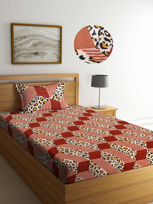 Arrabi Brown Abstract TC Cotton Blend Single Size Fitted Bedsheet with 1 Pillow Cover (220 X 150 cm)