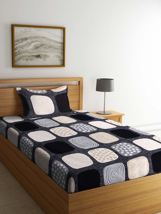 Arrabi Black Abstract TC Cotton Blend Single Size Bedsheet with 1 Pillow Cover (215 x 150 cm)