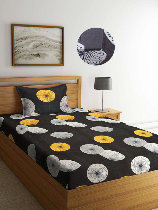 Arrabi Black Graphic TC Cotton Blend Single Size Fitted Bedsheet with 1 Pillow Cover (220 X 150 cm)