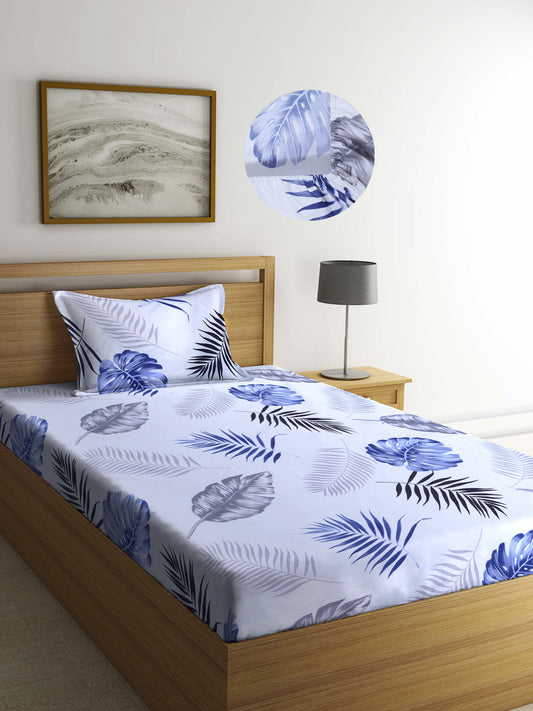 Arrabi White Leaf TC Cotton Blend Single Size Fitted Bedsheet with 1 Pillow Cover (220 X 150 cm)