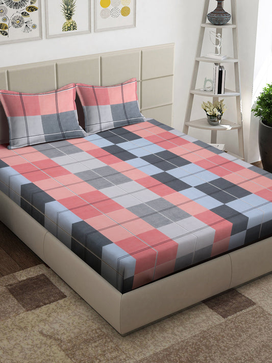 Arrabi Blue Geometric TC Cotton Blend King Size Bedsheet with 2 Pillow Covers (250 x 215 cm)