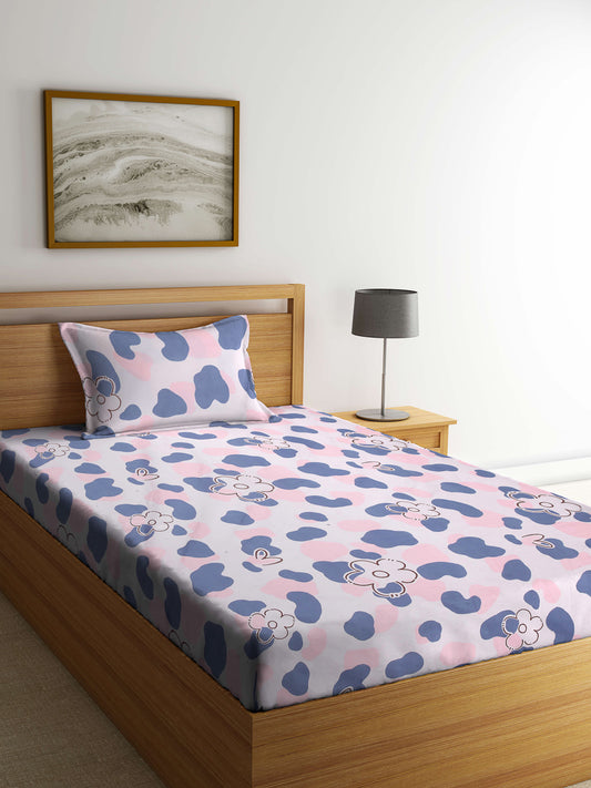 Arrabi Pink Floral TC Cotton Blend Single Size Bedsheet with 1 Pillow Cover (215 x 150 cm)