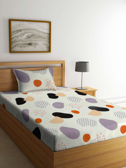 Arrabi Cream Graphic TC Cotton Blend Single Size Bedsheet with 1 Pillow Cover (215 x 150 cm)