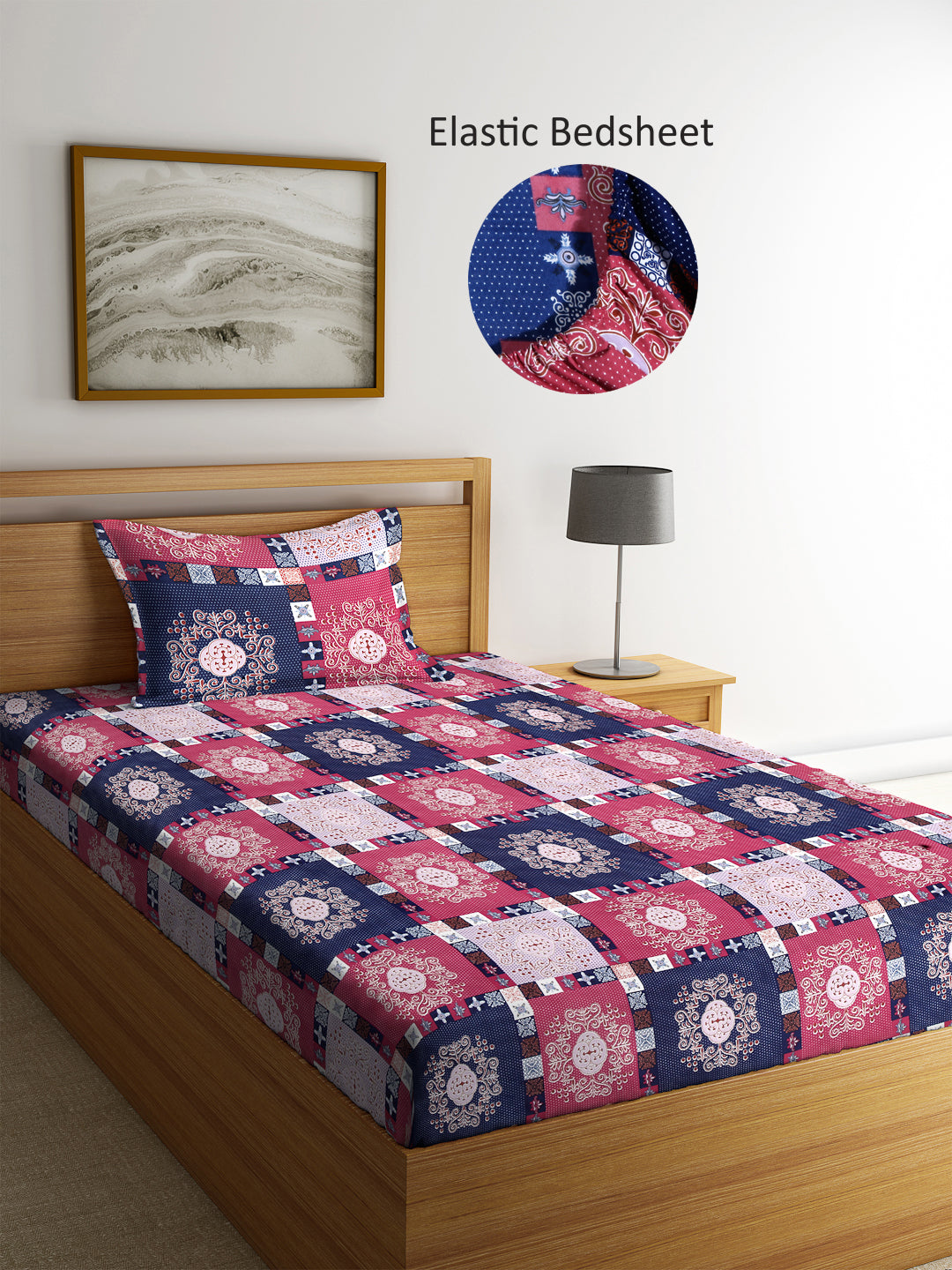 Arrabi Multi Geometric TC Cotton Blend Single Size Fitted Bedsheet with 1 Pillow Cover (215 X 150 cm)