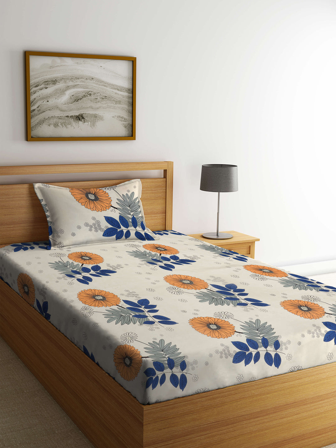 Arrabi Cream Floral TC Cotton Blend Single Size Bedsheet with 1 Pillow Cover (215 x 150 cm)