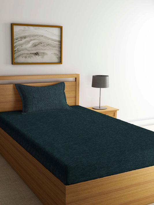 Arrabi Green Solid Cotton Blend Chenille Single Size Bedsheet with 1 Pillow Cover (230 x 150 cm)