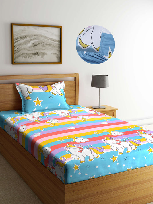 Arrabi Multi Cartoon TC Cotton Blend Single Size Fitted Bedsheet with 1 Pillow Cover (220 X 150 cm)