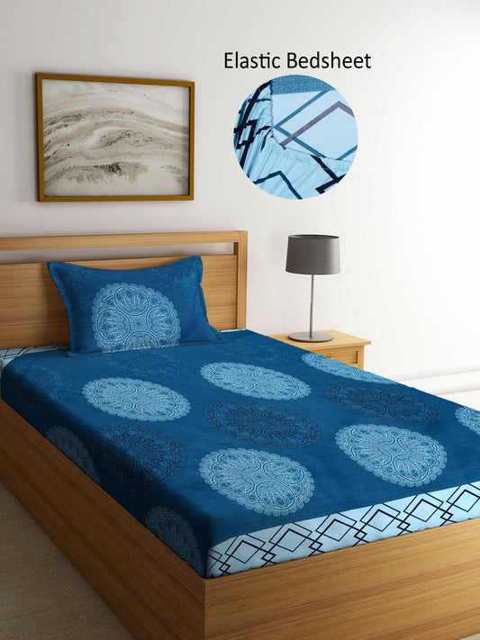 Arrabi Blue Indian TC Cotton Blend Single Size Fitted Bedsheet with 1 Pillow Cover (215 X 150 cm)