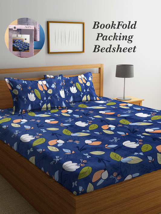 Arrabi Blue Leaf TC Cotton Blend Super King Size Bookfold Bedsheet with 2 Pillow Covers (270 X 260 cm)