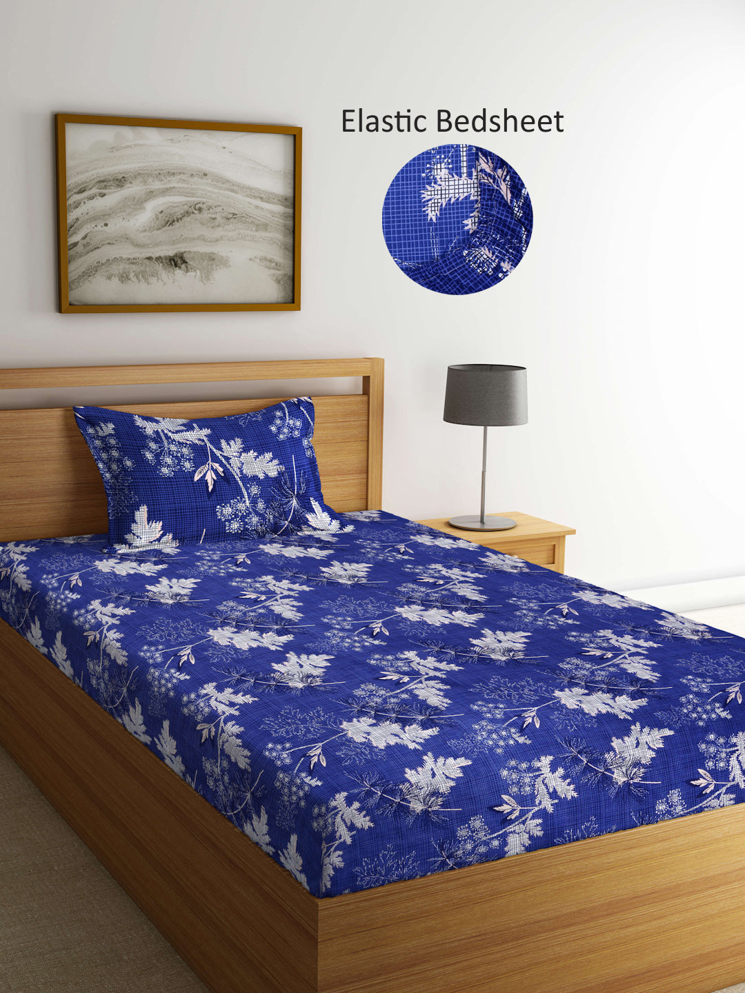 Arrabi Blue Leaf TC Cotton Blend Single Size Fitted Bedsheet with 1 Pillow Cover (215 X 150 cm)