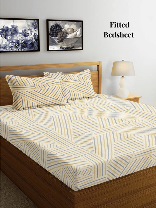 Arrabi Beige Stripes TC Cotton Blend King Size Fitted Bedsheet with 2 Pillow Covers (250 X 215 Cm)