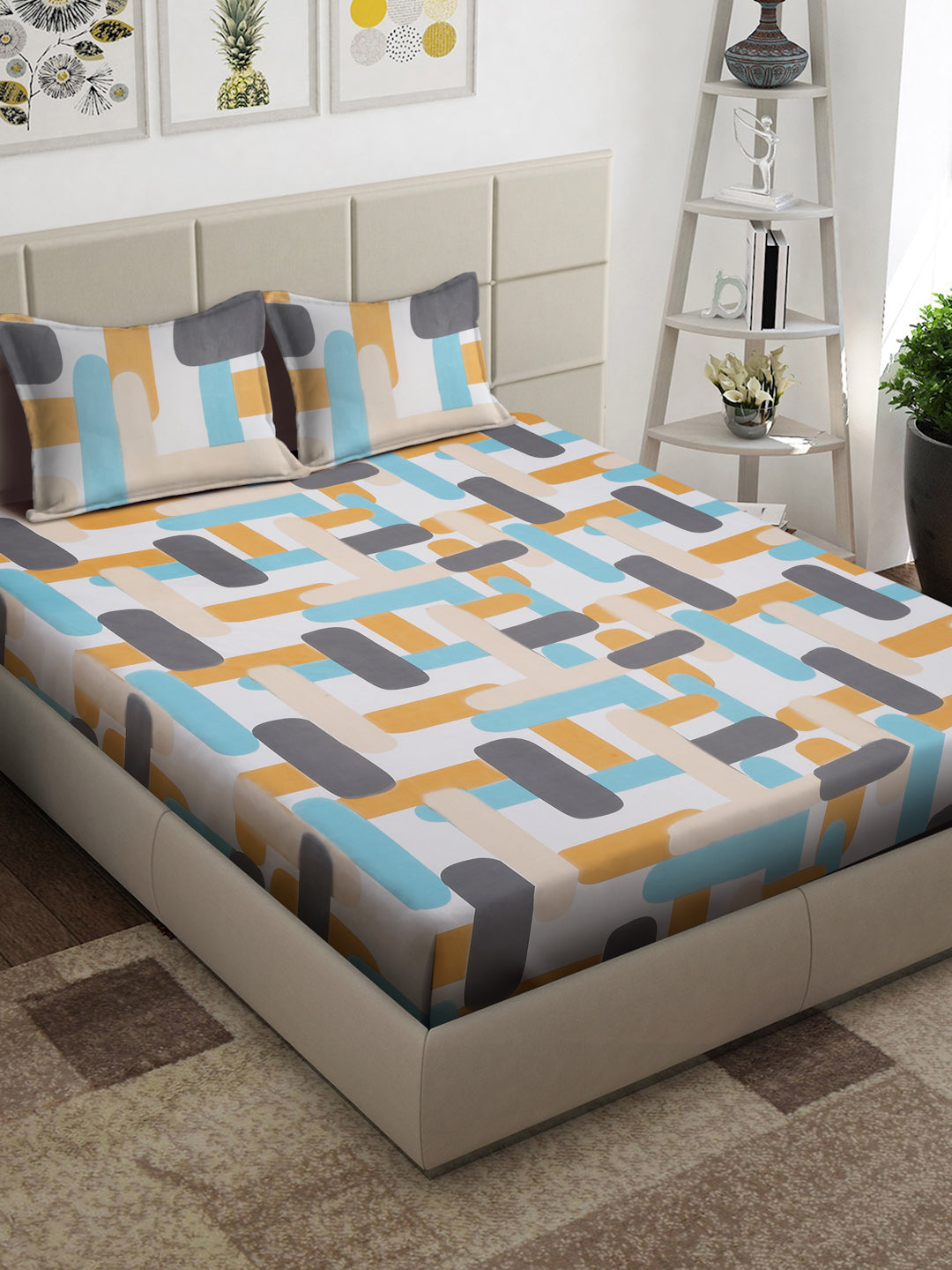 Arrabi Multi Geometric TC Cotton Blend King Size Bedsheet with 2 Pillow Covers (250 x 215 cm)