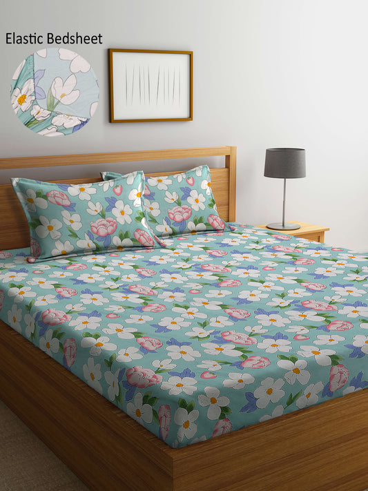 Arrabi Blue Floral TC Cotton Blend King Size Fitted Bedsheet with 2 Pillow Covers (250 x 215 cm)