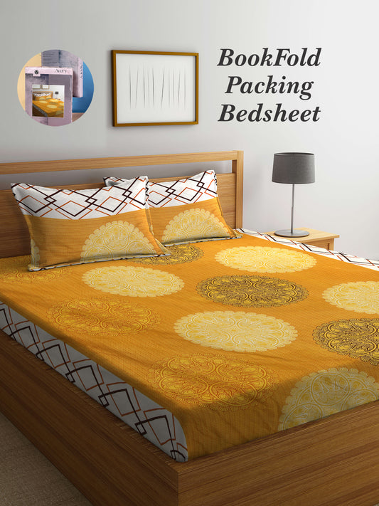 Arrabi Yellow Indian TC Cotton Blend King Size Bookfold Bedsheet with 2 Pillow Covers (250 X 215 cm)