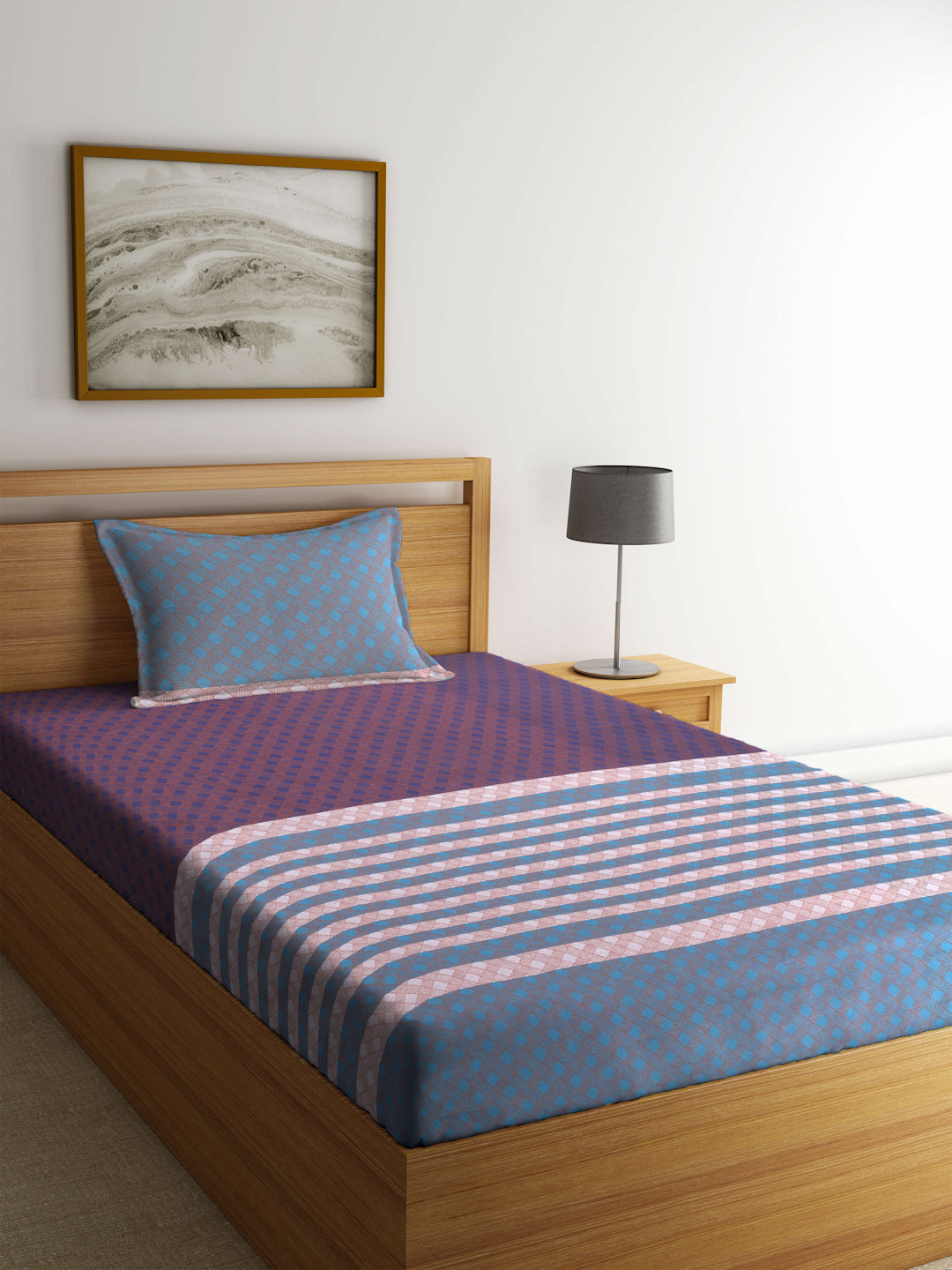 Arrabi Blue Geometric Handwoven Cotton Single Size Bedsheet with 1 Pillow Cover (215 x 150 cm)