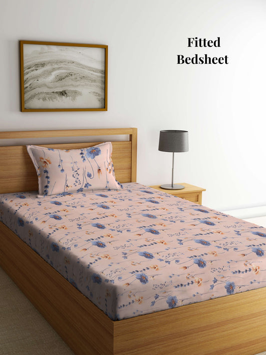 Arrabi Peach Floral TC Cotton Blend Single Size Fitted Bedsheet with 1 Pillow Cover (215 x 150 cm)