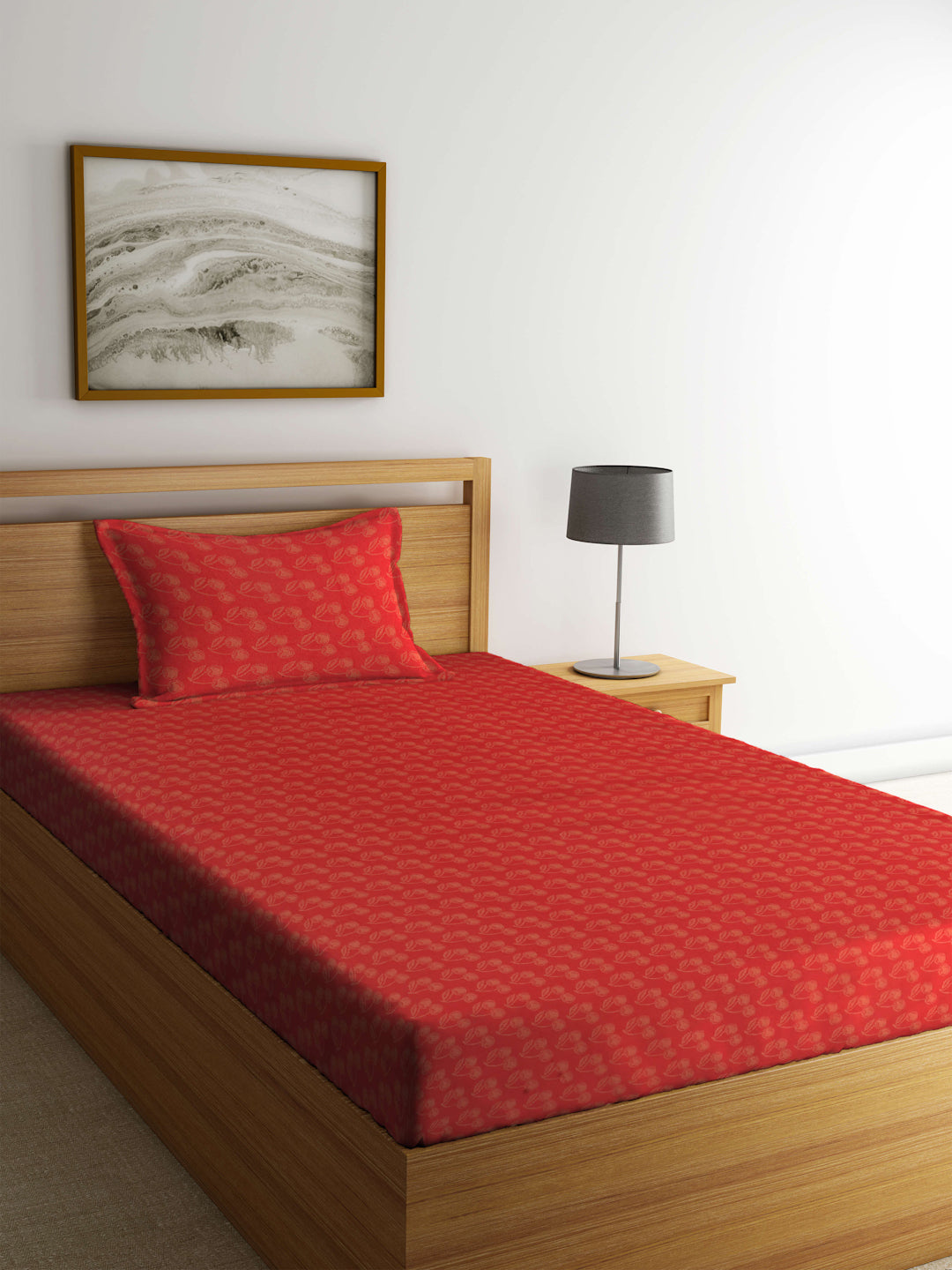 Arrabi Red Leaf Handwoven Cotton Single Size Bedsheet with 1 Pillow Cover (215 x 150 cm)