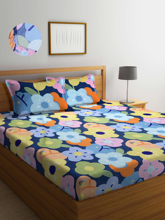 Arrabi Multi Floral TC Cotton Blend King Size Fitted Bedsheet with 2 Pillow Covers (250 X 215 Cm)