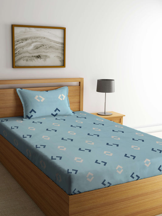 Arrabi Blue Graphic TC Cotton Blend Single Size Bedsheet with 1 Pillow Cover (215 x 150 cm)