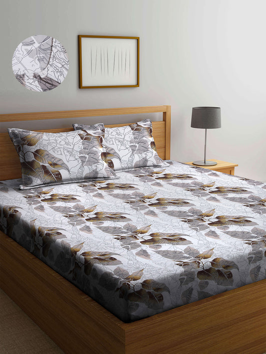 Arrabi Multi Leaf TC Cotton Blend Super King Size Fitted Bedsheet with 2 Pillow Covers (270 X 260 Cm)