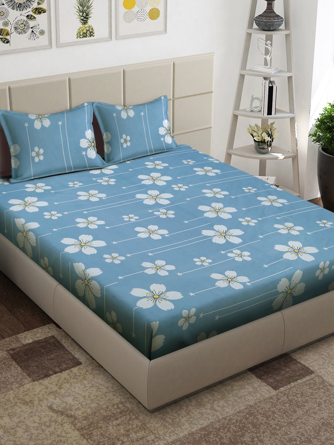 Arrabi Blue Floral TC Cotton Blend King Size Bedsheet with 2 Pillow Covers (250 x 215 cm)