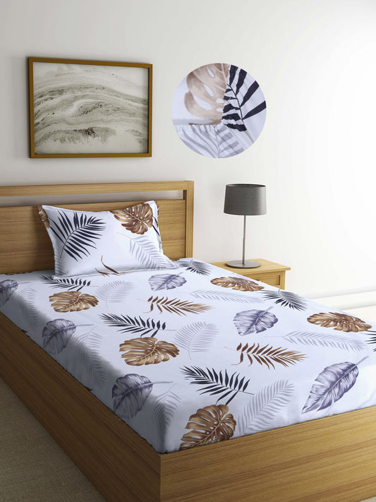 Arrabi White Leaf TC Cotton Blend Single Size Fitted Bedsheet with 1 Pillow Cover (220 X 150 cm)