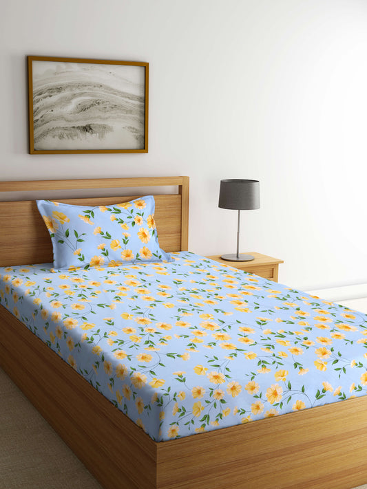 Arrabi Blue Floral TC Cotton Blend Single Size Bedsheet with 1 Pillow Cover (215 X 150 cm)