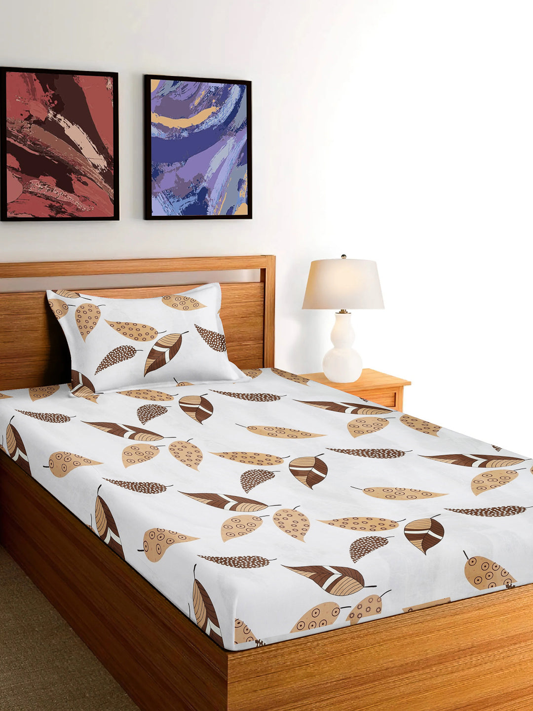 Arrabi Cream Leaf TC Cotton Blend Single Size Bedsheet with 1 Pillow Cover (215 x 150 cm)