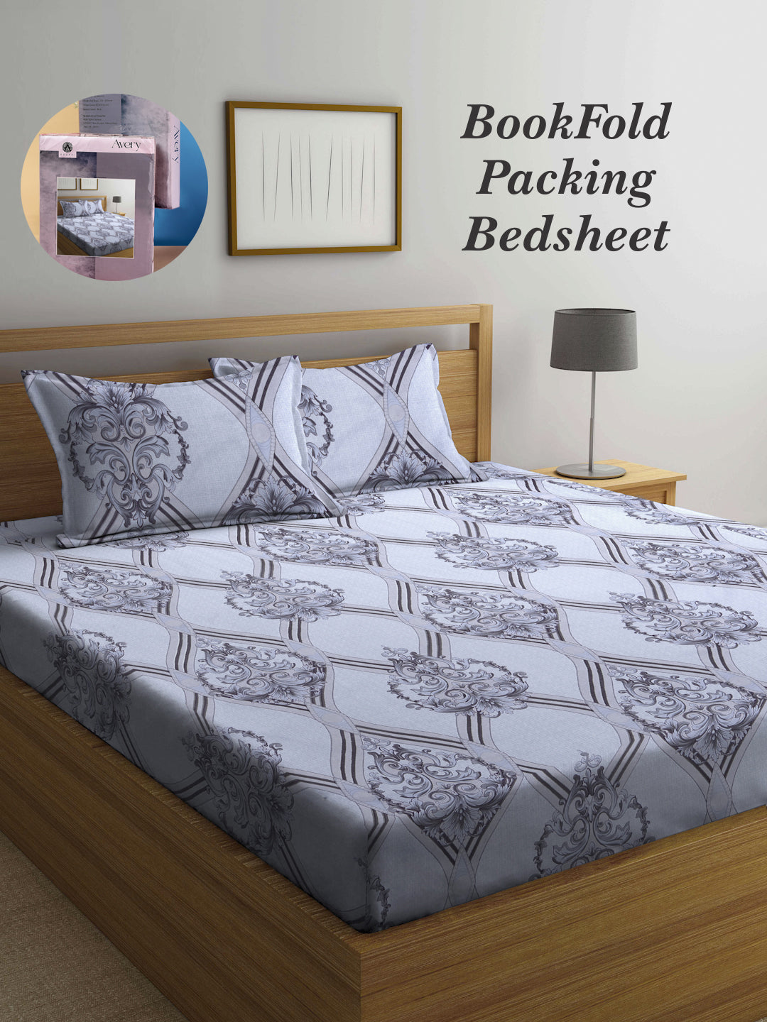 Arrabi Grey Indian TC Cotton Blend Super King Size Bookfold Bedsheet with 2 Pillow Covers (270 X 260 cm)