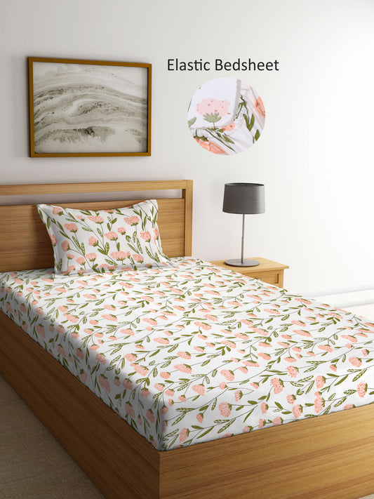 Arrabi Cream Floral TC Cotton Blend Single Size Fitted Bedsheet with 1 Pillow Cover (215 X 150 cm)