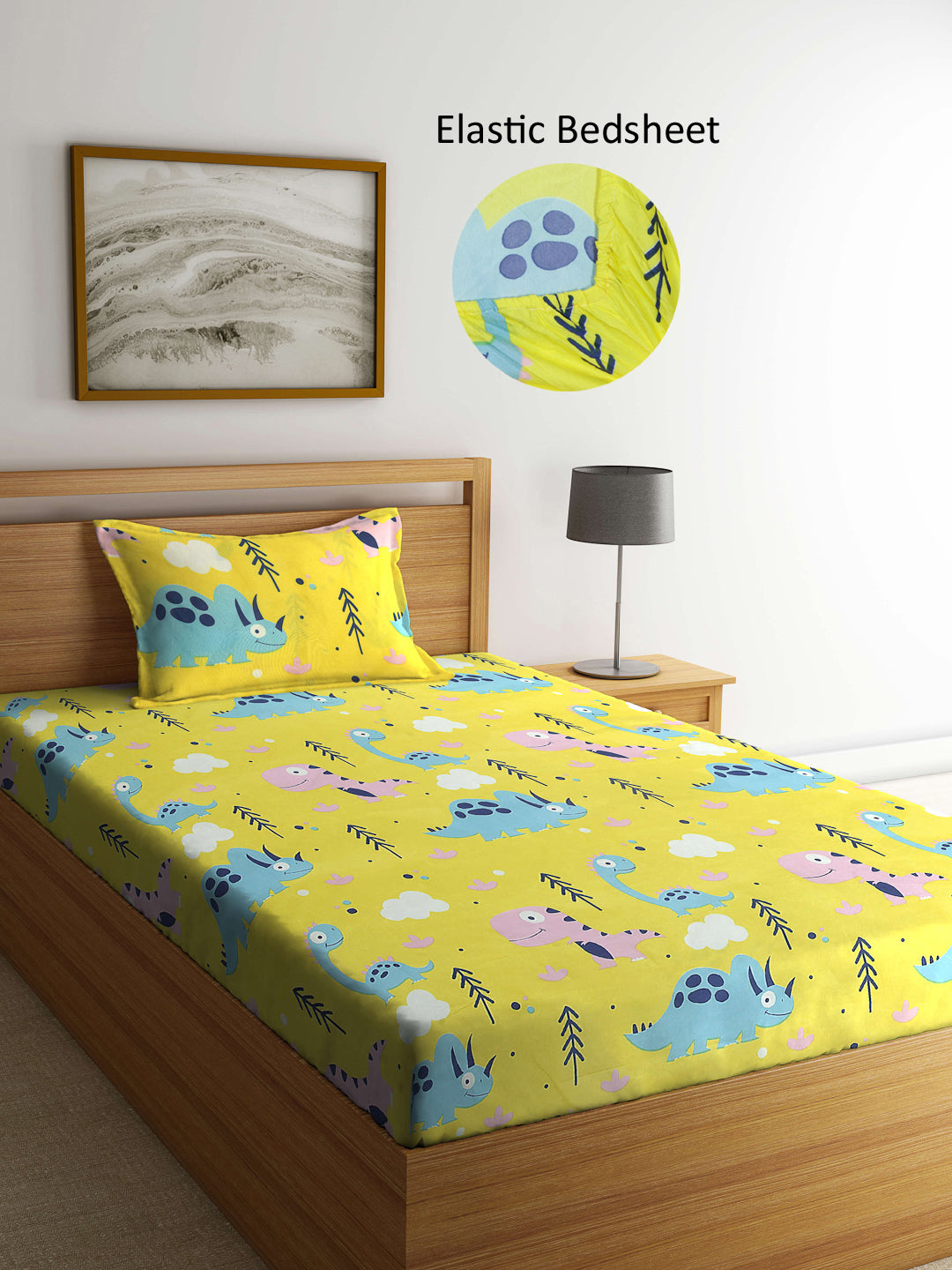 Arrabi Yellow Cartoon TC Cotton Blend Single Size Fitted Bedsheet with 1 Pillow Cover (215 X 150 cm)