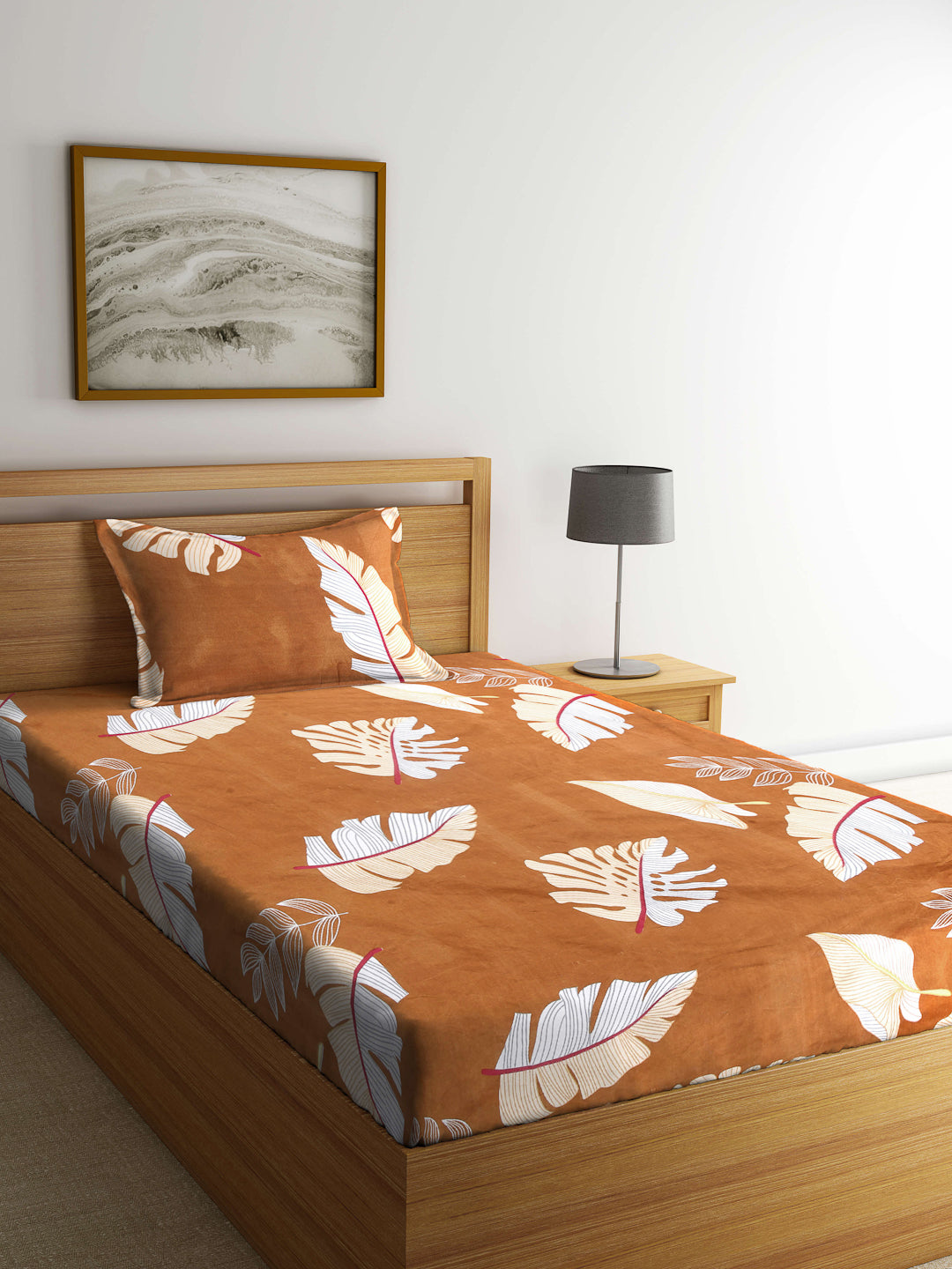 Arrabi Brown Leaf TC Cotton Blend Single Size Bedsheet with 1 Pillow Cover (215 x 150 cm)