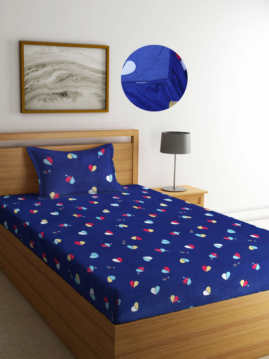 Arrabi Blue Graphic TC Cotton Blend Single Size Fitted Bedsheet with 1 Pillow Cover (220 X 150 cm)