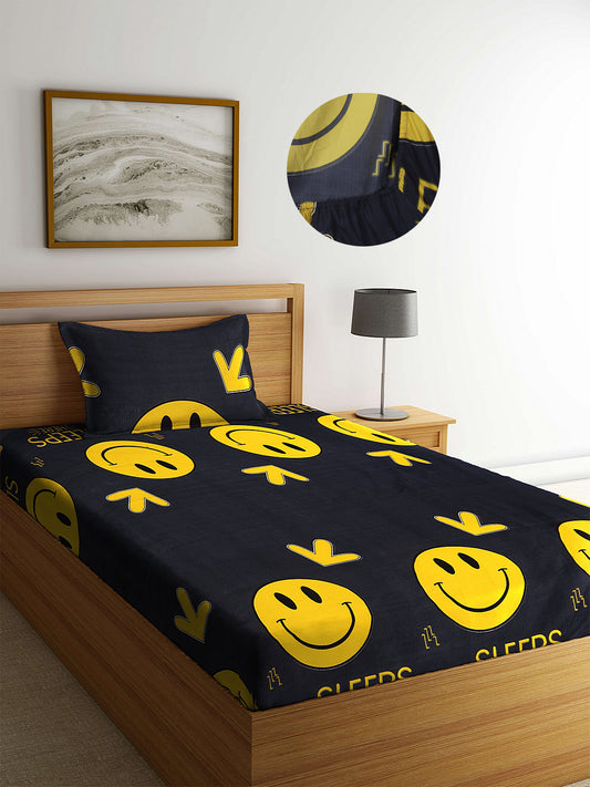 Arrabi Black Cartoon TC Cotton Blend Single Size Fitted Bedsheet with 1 Pillow Cover (220 X 150 cm)