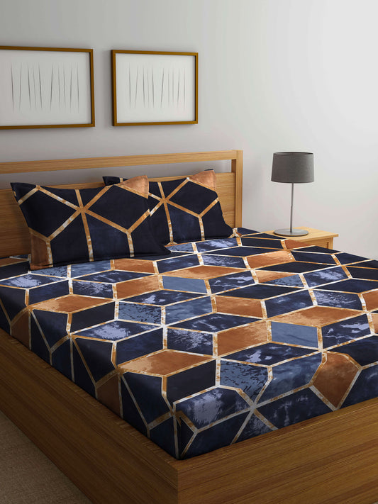 Arrabi Brown Geometric TC Cotton Blend King Size Bedsheet with 2 Pillow Covers (250 x 220 cm)