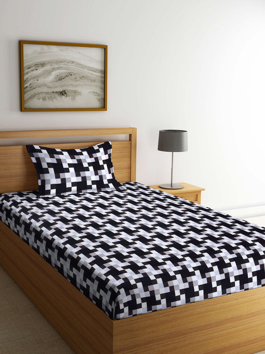 Arrabi Black Checks TC Cotton Blend Single Size Bedsheet with 1 Pillow Cover (215 X 150 cm)