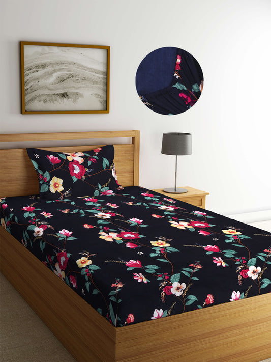 Arrabi Black Floral TC Cotton Blend Single Size Fitted Bedsheet with 1 Pillow Cover (220 X 150 cm)