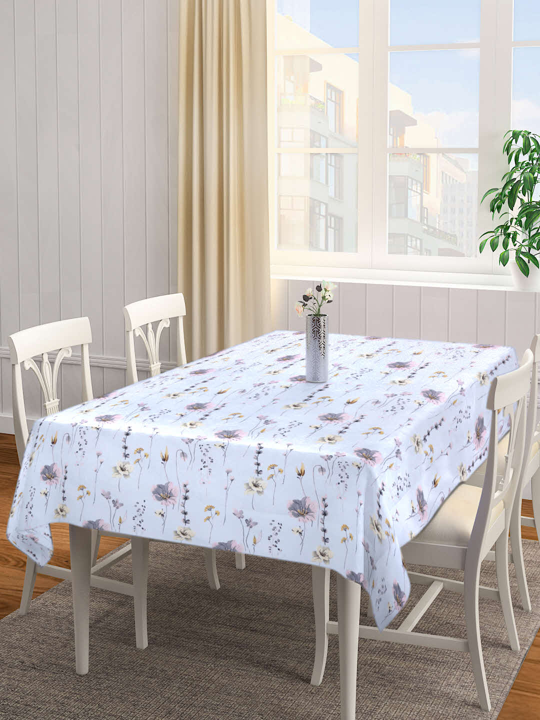 Arrabi Grey Floral Cotton Blend 6 SEATER Table Cover (180 X 130 cm)