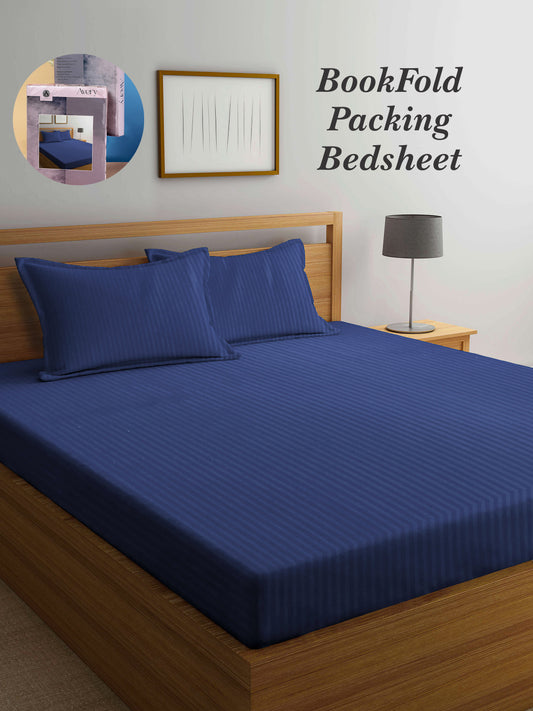 Arrabi Blue Stripes TC Cotton Blend King Size Bookfold Bedsheet with 2 Pillow Covers (250 X 220 cm)