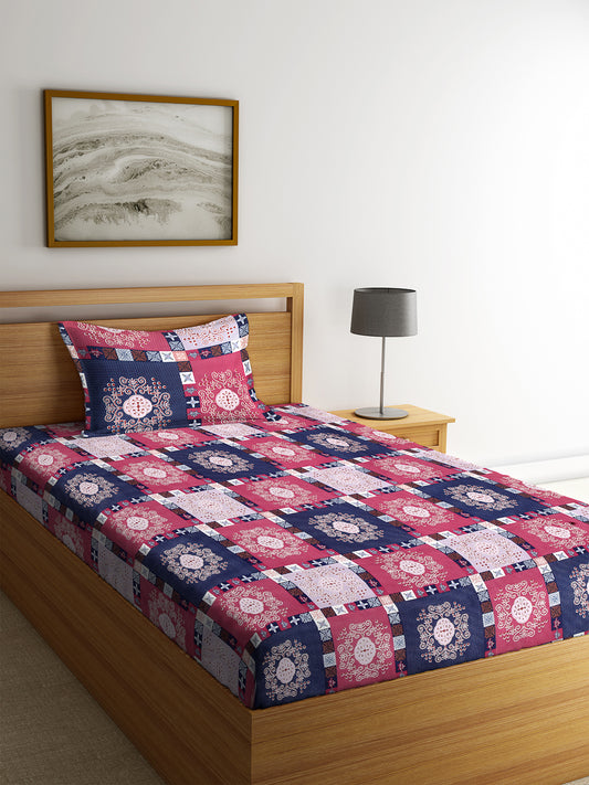 Arrabi Multi Indian TC Cotton Blend Single Size Bedsheet with 1 Pillow Cover (215 X 150 cm)