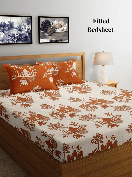 Arrabi Multi Floral TC Cotton Blend Super King Size Fitted Bedsheet with 2 Pillow Covers (270 X 260 Cm)