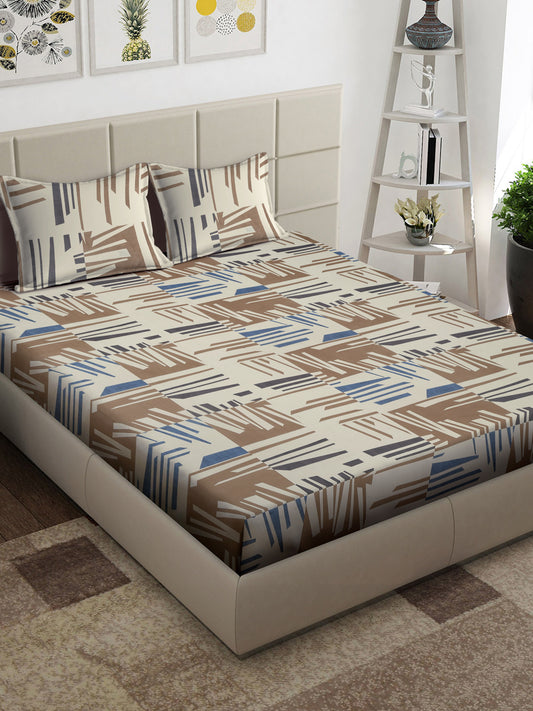 Arrabi Beige Stripes TC Cotton Blend King Size Bedsheet with 2 Pillow Covers (250 x 215 cm)